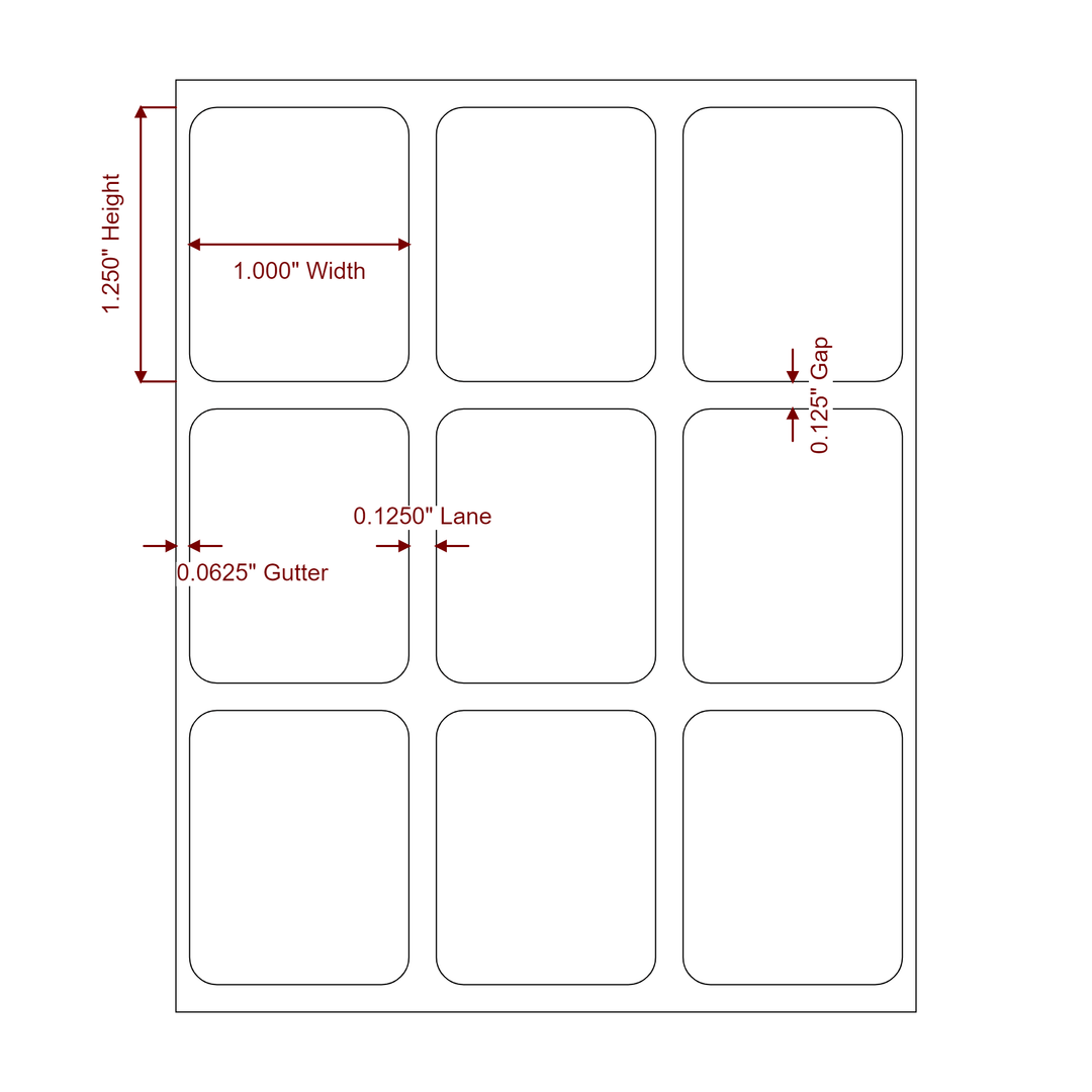 1 Inch x 1.25 Inch Rectangle Inkjet Label Roll - 3Up - 2D Drawing
