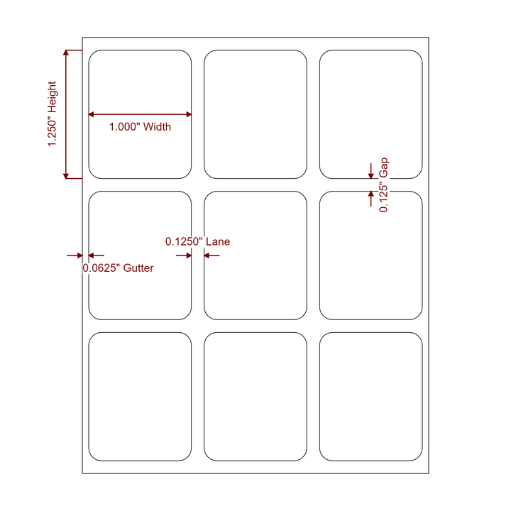 1 Inch x 1.25 Inch Rectangle Inkjet Label Roll - 3Up - 2D Drawing
