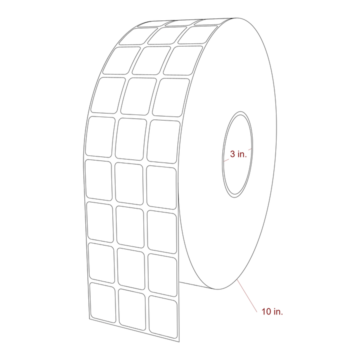 1 Inch x 1.25 Inch Rectangle Inkjet Label Roll - 3 Inch Core - 10 Inch Roll OD - 3Up - 3D Perspective