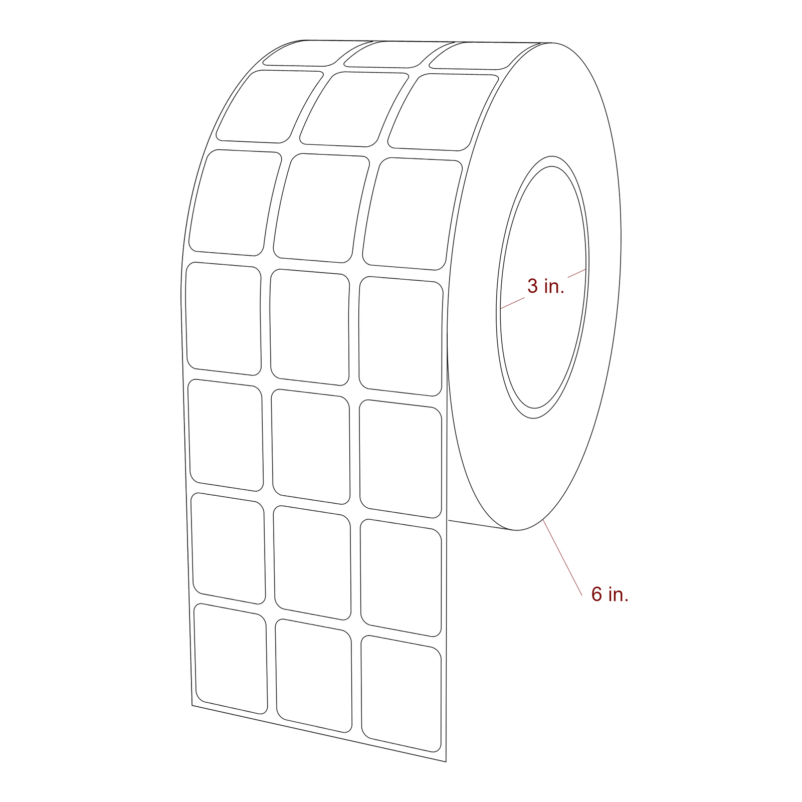 1 Inch x 1.25 Inch Rectangle Inkjet Label Roll - 3 Inch Core - 6 Inch Roll OD - 3Up - 3D Perspective