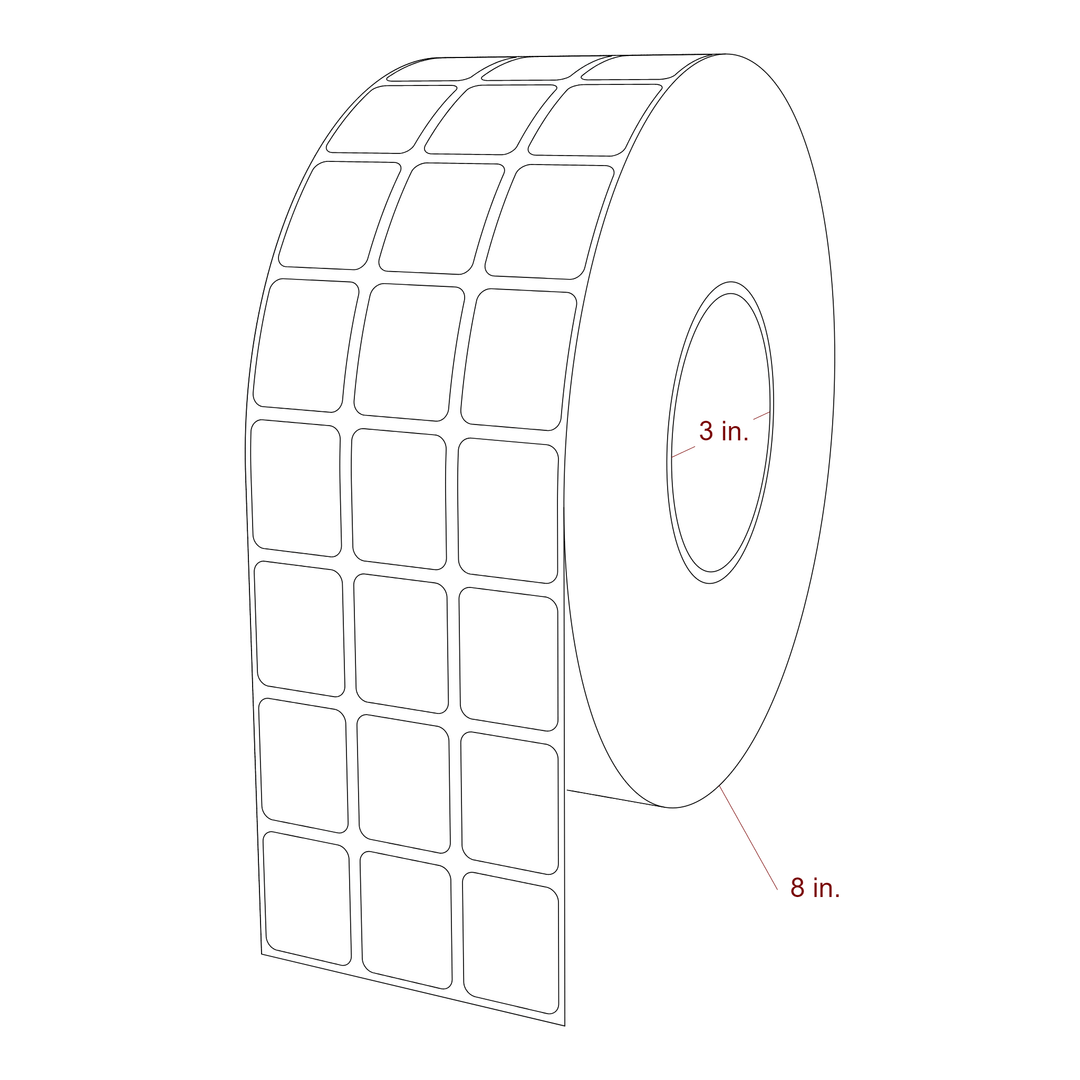 1 Inch x 1.25 Inch Rectangle Inkjet Label Roll - 3 Inch Core - 8 Inch Roll OD - 3Up - 3D Perspective