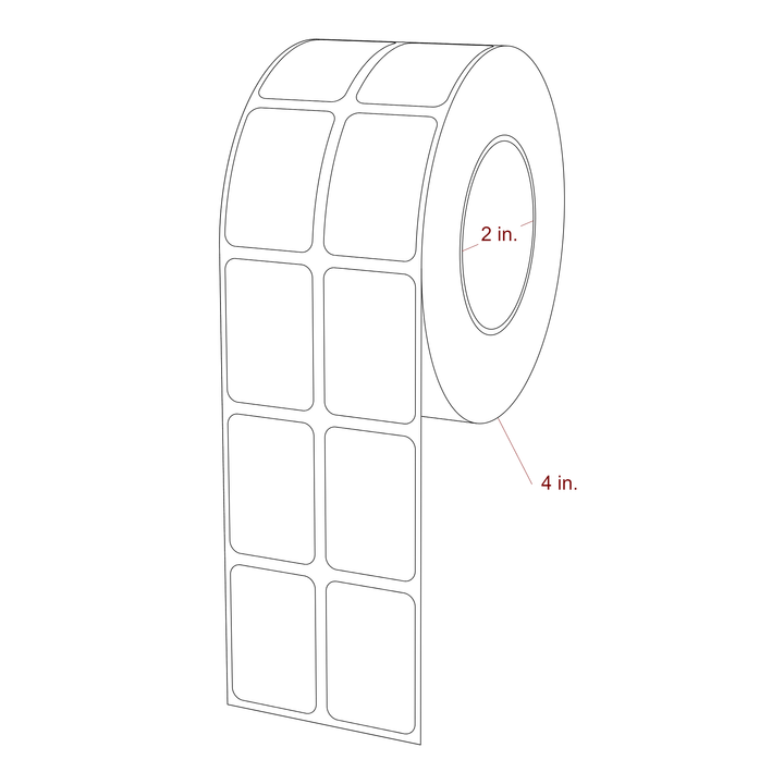 1 Inch x 1.5 Inch Rectangle Inkjet Label Roll - 2 Inch Core - 4 Inch Roll OD - 2Up - 3D Perspective