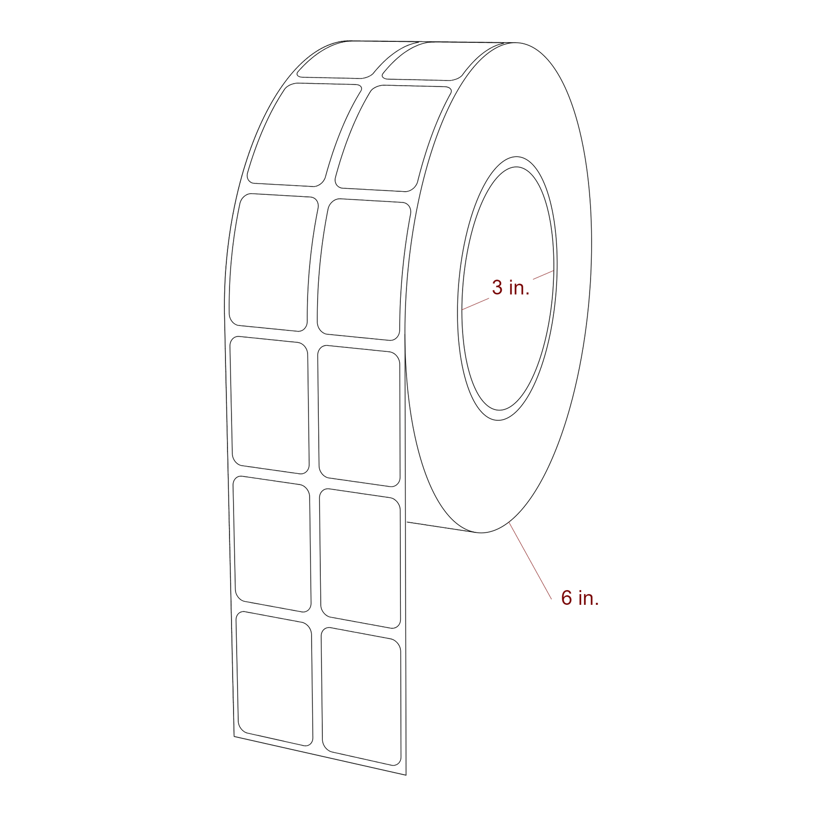 1 Inch x 1.5 Inch Rectangle Inkjet Label Roll - 3 Inch Core - 6 Inch Roll OD - 2Up - 3D Perspective