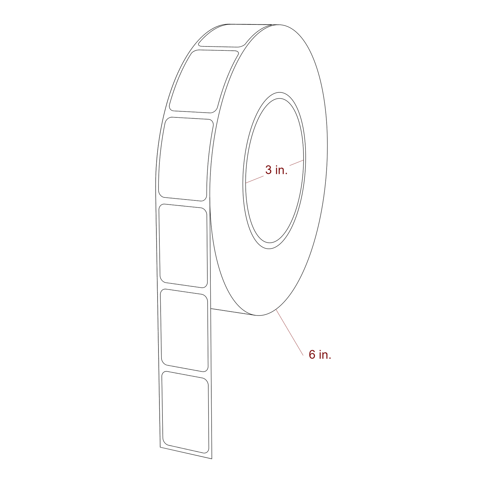 1 Inch x 1.5 Inch Rectangle Inkjet Label Roll - 3 Inch Core - 6 Inch Roll OD - 3D Perspective