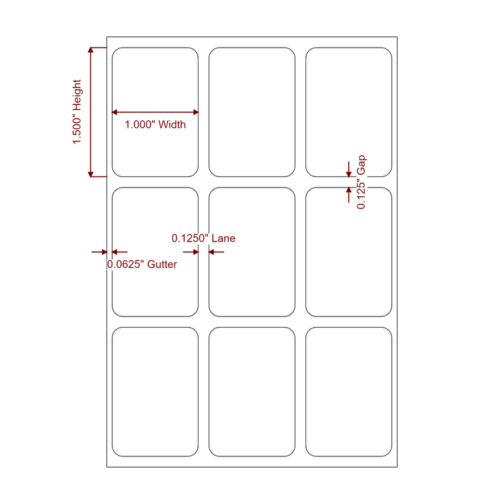 1 Inch x 1.5 Inch Rectangle Inkjet Label Roll - 3Up - 2D Drawing