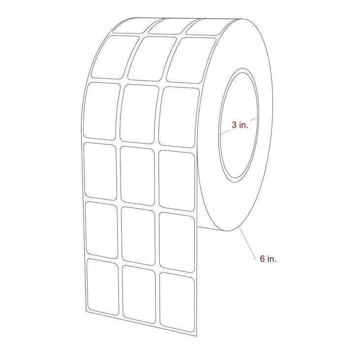 1 Inch x 1.5 Inch Rectangle Inkjet Label Roll - 3 Inch Core - 6 Inch Roll OD - 3Up - 3D Perspective