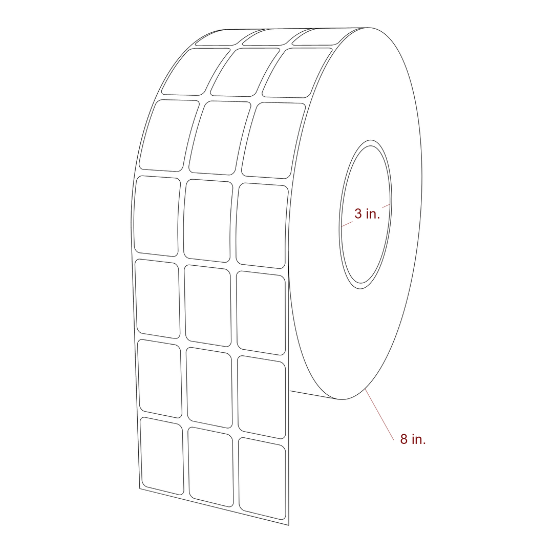 1 Inch x 1.5 Inch Rectangle Inkjet Label Roll - 3 Inch Core - 8 Inch Roll OD - 3Up - 3D Perspective