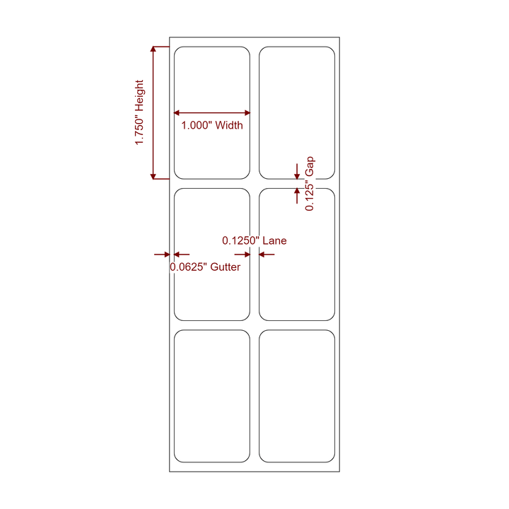 1 Inch x 1.75 Inch Rectangle Inkjet Label Roll - 2Up - 2D Drawing