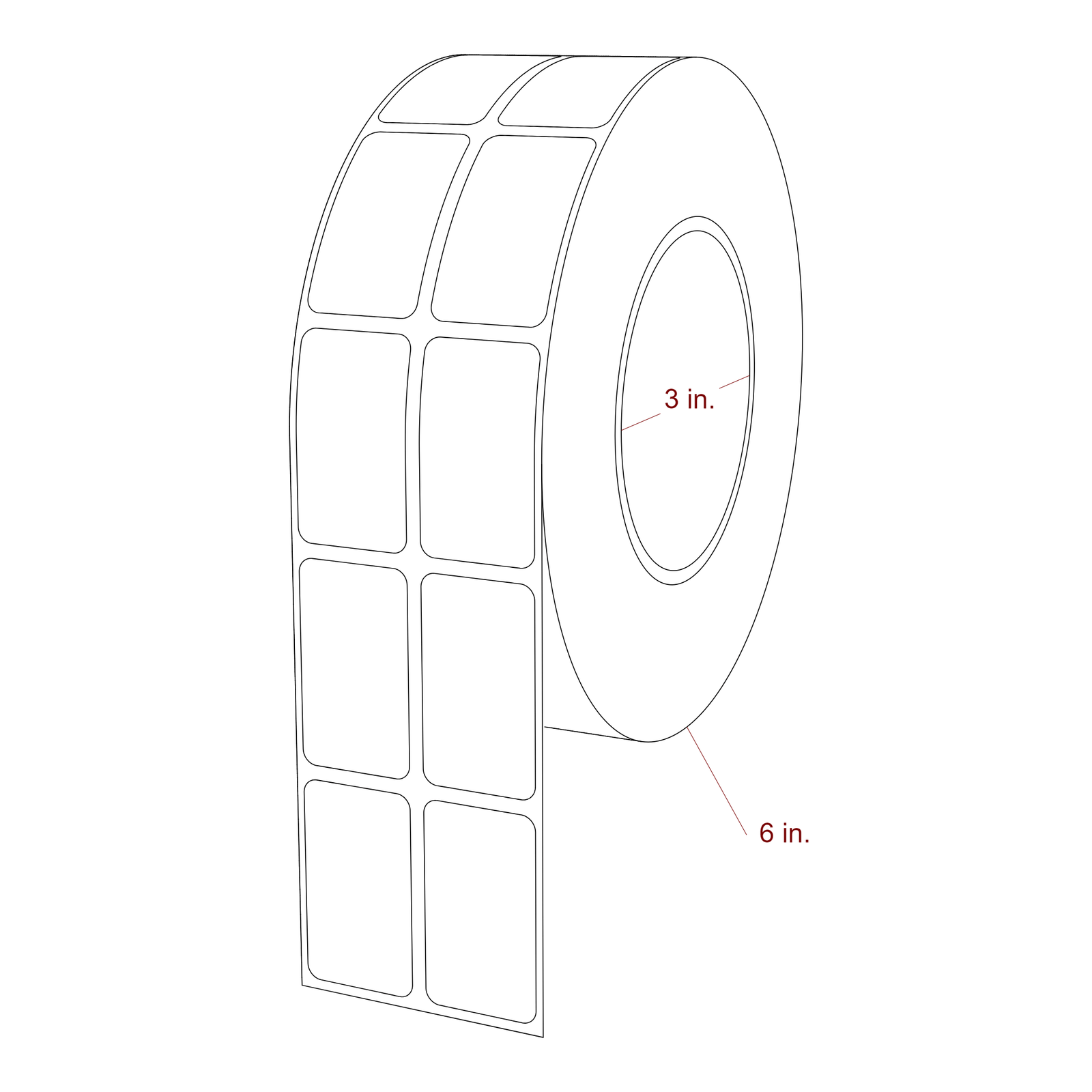 1 Inch x 1.75 Inch Rectangle Inkjet Label Roll - 3 Inch Core - 6 Inch Roll OD - 2Up - 3D Perspective