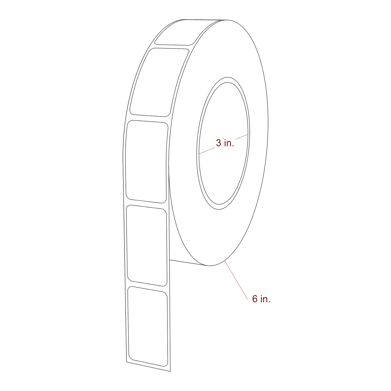 1 Inch x 1.75 Inch Rectangle Inkjet Label Roll - 3 Inch Core - 6 Inch Roll OD - 3D Perspective