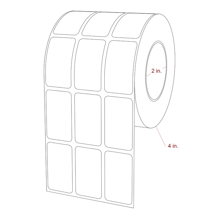 1 Inch x 1.75 Inch Rectangle Inkjet Label Roll - 2 Inch Core - 4 Inch Roll OD - 3Up - 3D Perspective