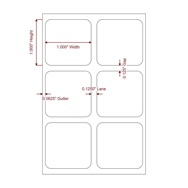 1 Inch x 1 Inch Rectangle Inkjet Label Roll - 2Up - 2D Drawing