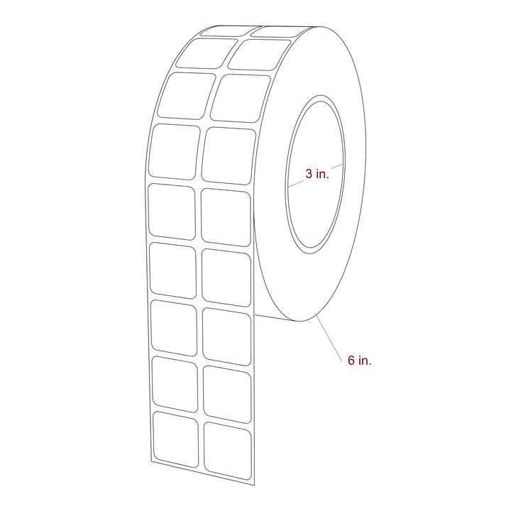 1 Inch x 1 Inch Rectangle Inkjet Label Roll - 3 Inch Core - 6 Inch Roll OD - 2Up - 3D Perspective