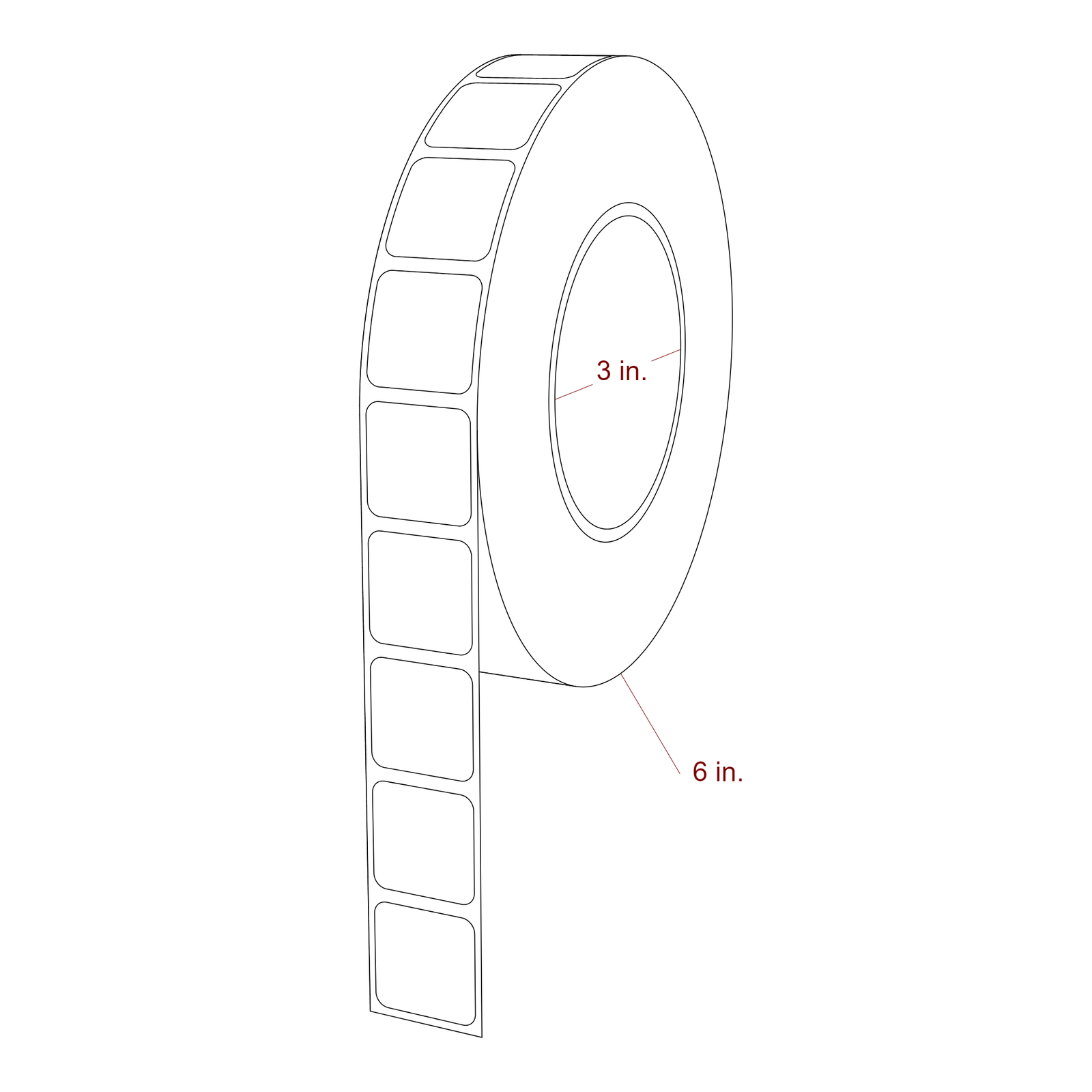 1 Inch x 1 Inch Rectangle Inkjet Label Roll - 3 Inch Core - 6 Inch Roll OD - 3D Perspective