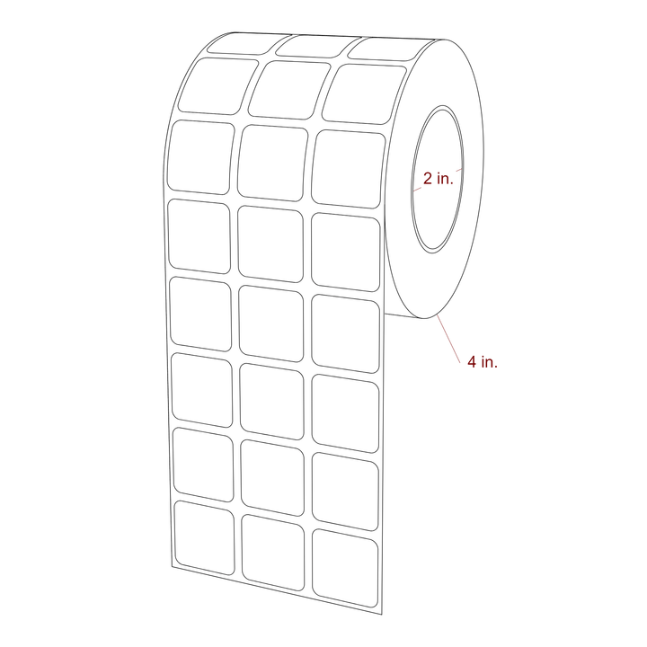 1 Inch x 1 Inch Rectangle Inkjet Label Roll - 2 Inch Core - 4 Inch Roll OD - 3Up - 3D Perspective