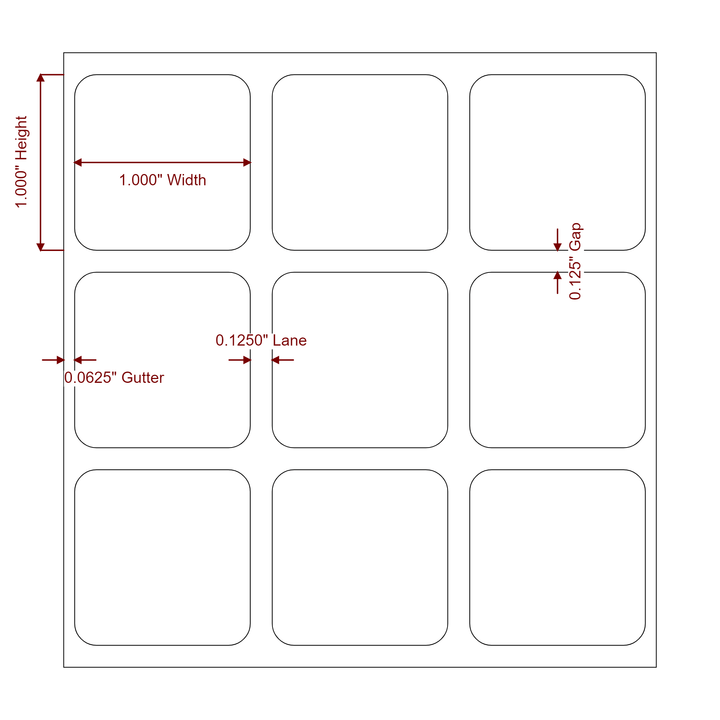 1 Inch x 1 Inch Rectangle Inkjet Label Roll - 3Up - 2D Drawing