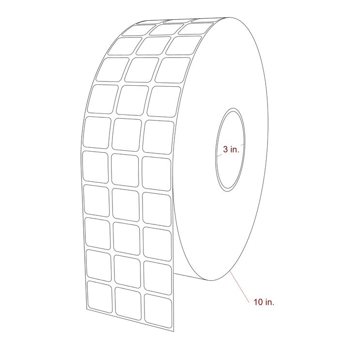 1 Inch x 1 Inch Rectangle Inkjet Label Roll - 3 Inch Core - 10 Inch Roll OD - 3Up - 3D Perspective