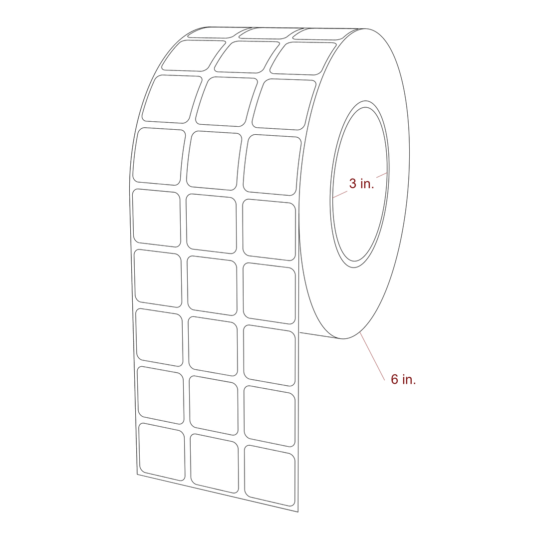 1 Inch x 1 Inch Rectangle Inkjet Label Roll - 3 Inch Core - 6 Inch Roll OD - 3Up - 3D Perspective