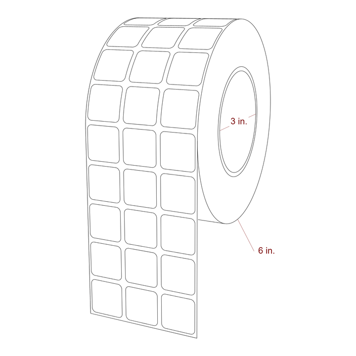 1 Inch x 1 Inch Rectangle Inkjet Label Roll - 3 Inch Core - 6 Inch Roll OD - 3Up - 3D Perspective