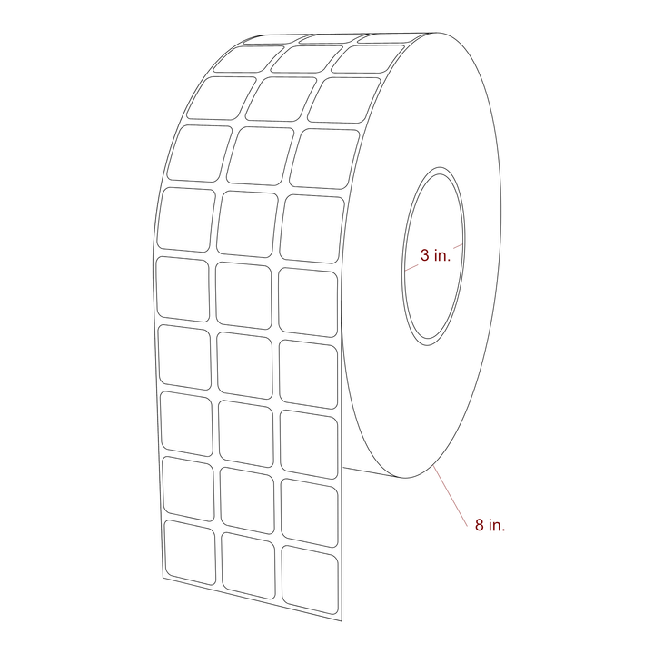 1 Inch x 1 Inch Rectangle Inkjet Label Roll - 3 Inch Core - 8 Inch Roll OD - 3Up - 3D Perspective