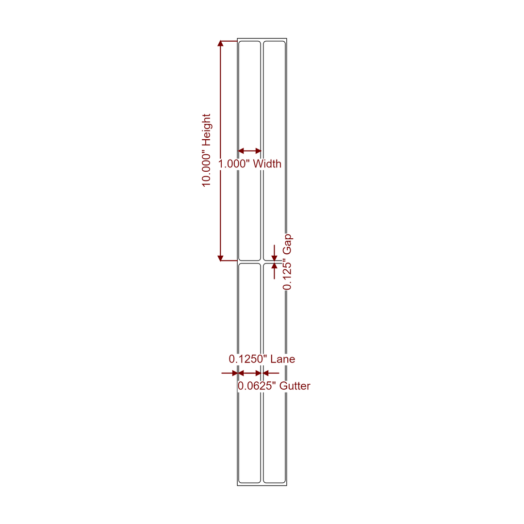 1 Inch x 10 Inch Rectangle Inkjet Label Roll - 2Up - 2D Drawing