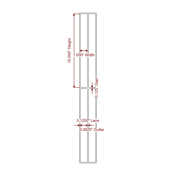 1 Inch x 10 Inch Rectangle Inkjet Label Roll - 2Up - 2D Drawing