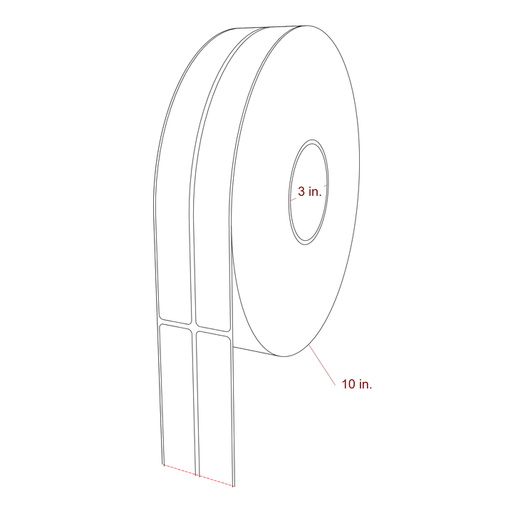 1 Inch x 10 Inch Rectangle Inkjet Label Roll - 3 Inch Core - 10 Inch Roll OD - 2Up - 3D Perspective