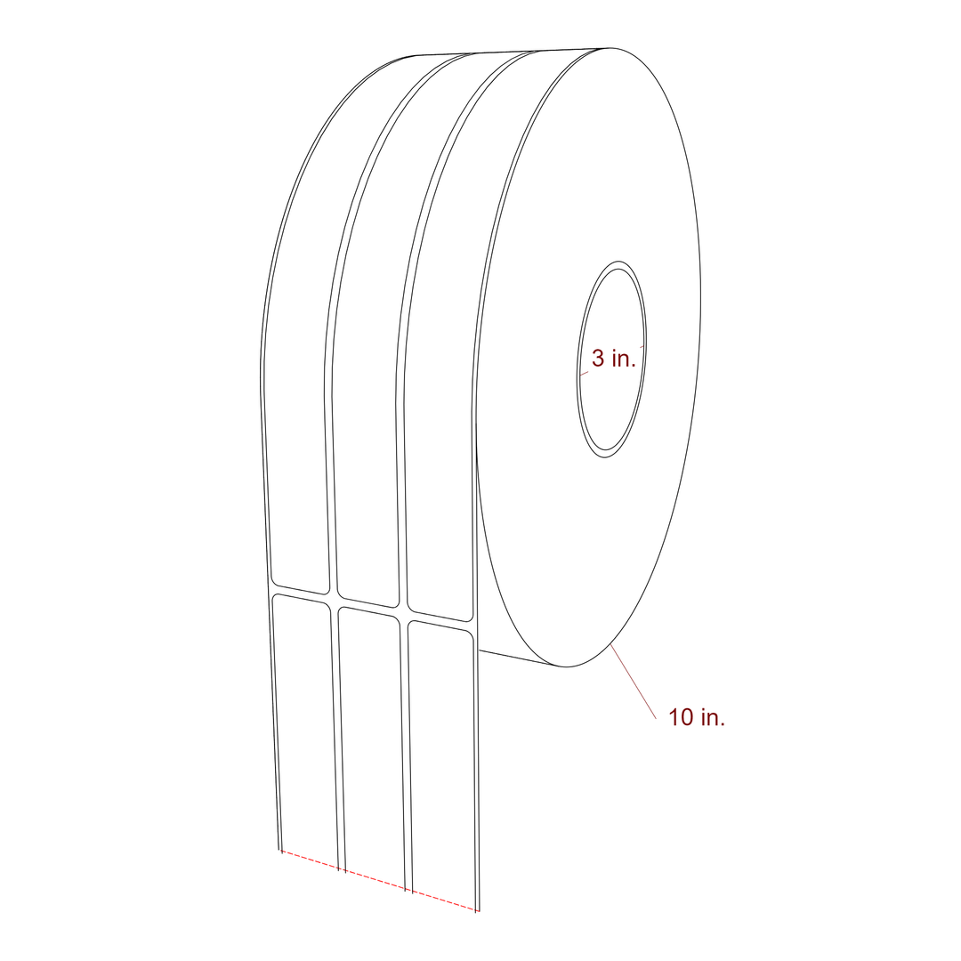 1 Inch x 10 Inch Rectangle Inkjet Label Roll - 3 Inch Core - 10 Inch Roll OD - 3Up - 3D Perspective
