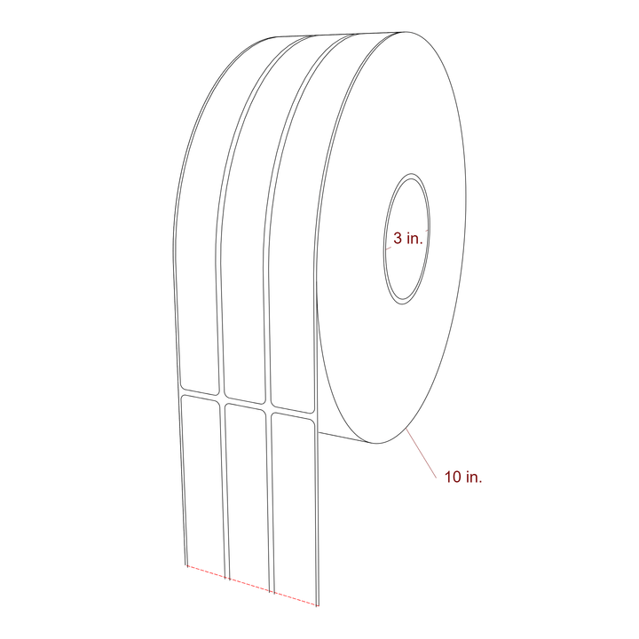 1 Inch x 10 Inch Rectangle Inkjet Label Roll - 3 Inch Core - 10 Inch Roll OD - 3Up - 3D Perspective