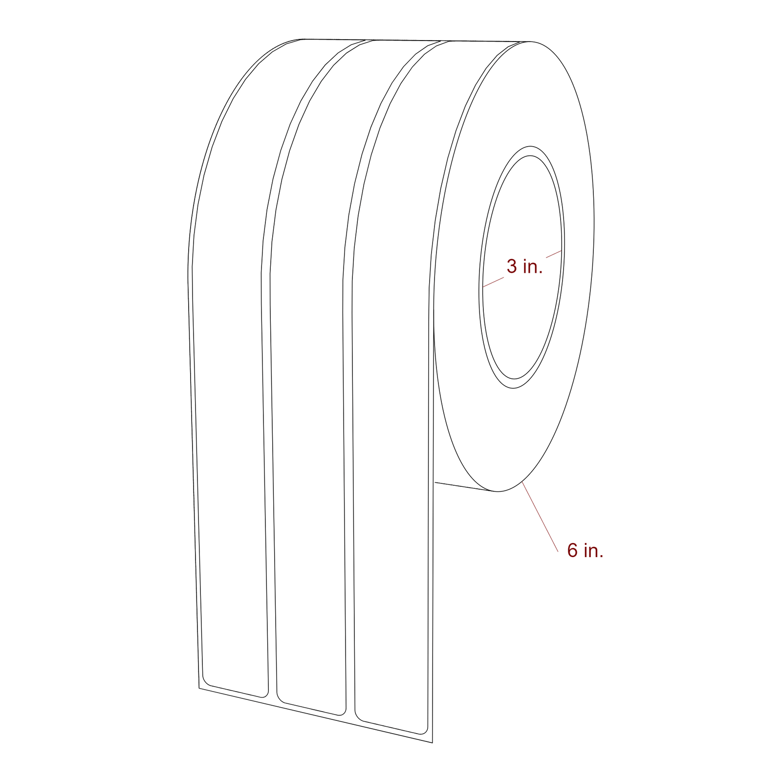 1 Inch x 10 Inch Rectangle Inkjet Label Roll - 3 Inch Core - 6 Inch Roll OD - 3Up - 3D Perspective