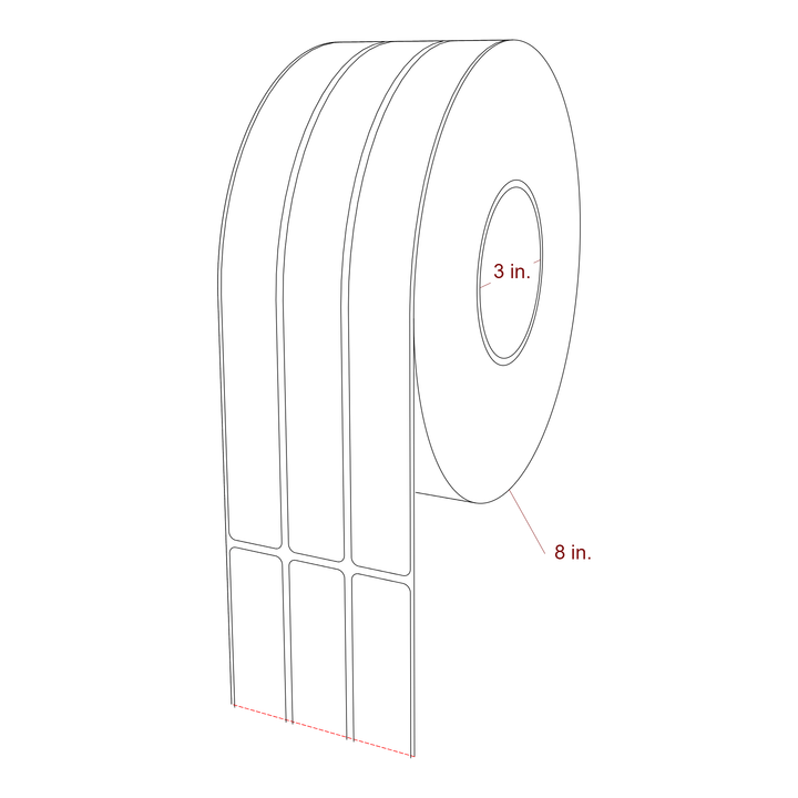 1 Inch x 10 Inch Rectangle Inkjet Label Roll - 3 Inch Core - 8 Inch Roll OD - 3Up - 3D Perspective