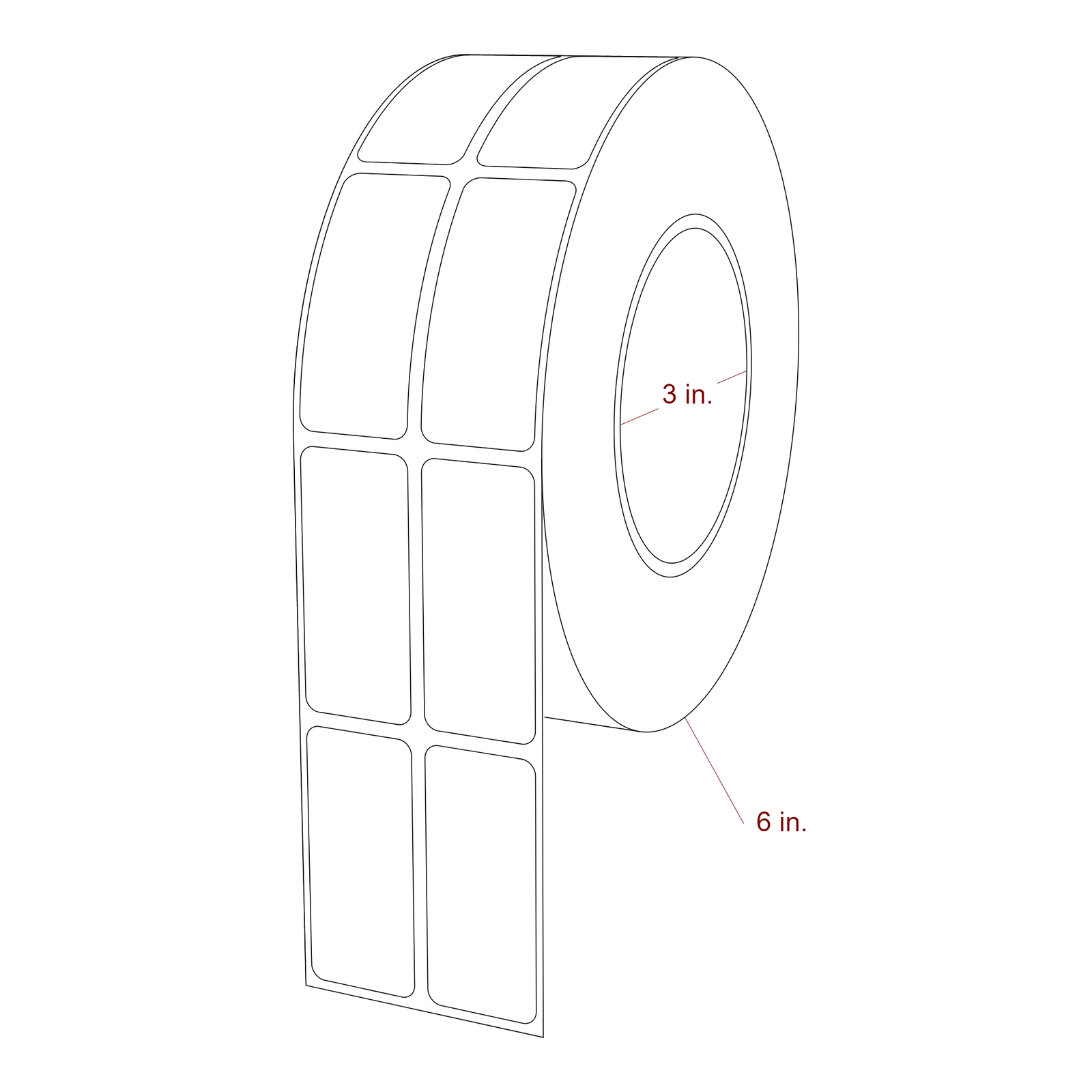1 Inch x 2.25 Inch Rectangle Inkjet Label Roll - 3 Inch Core - 6 Inch Roll OD - 2Up - 3D Perspective