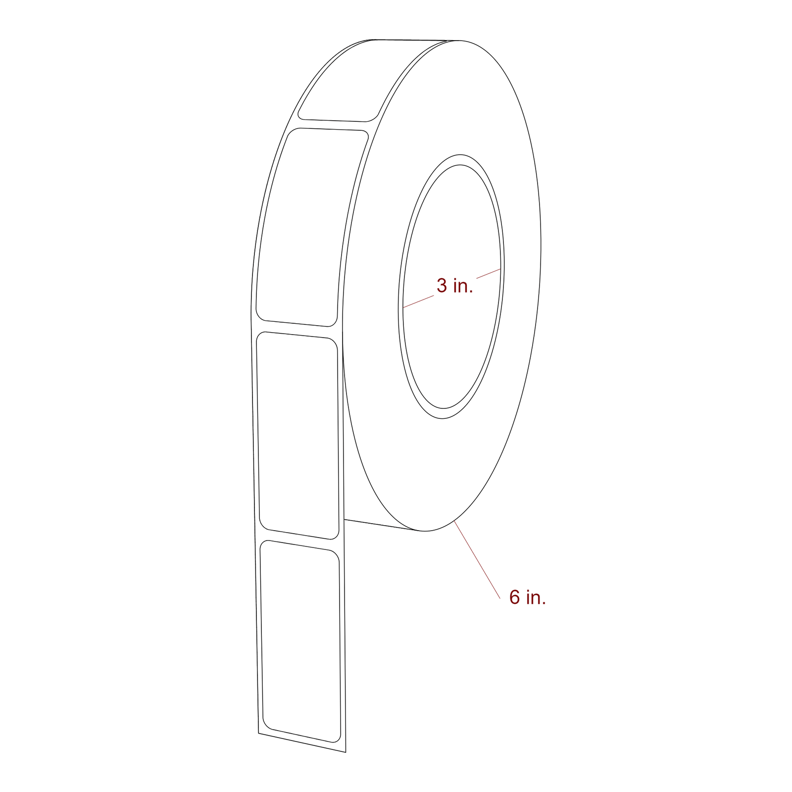 1 Inch x 2.25 Inch Rectangle Inkjet Label Roll - 3 Inch Core - 6 Inch Roll OD - 3D Perspective