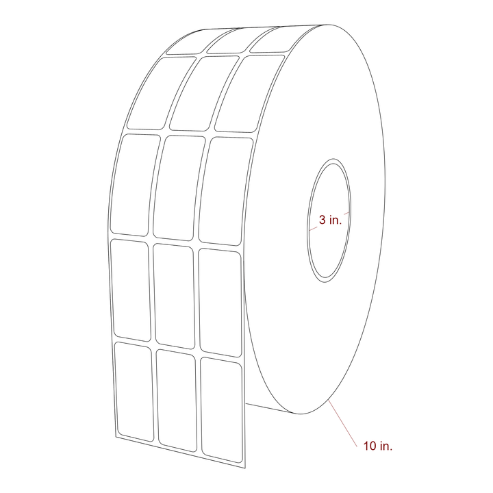 1 Inch x 2.25 Inch Rectangle Inkjet Label Roll - 3 Inch Core - 10 Inch Roll OD - 3Up - 3D Perspective