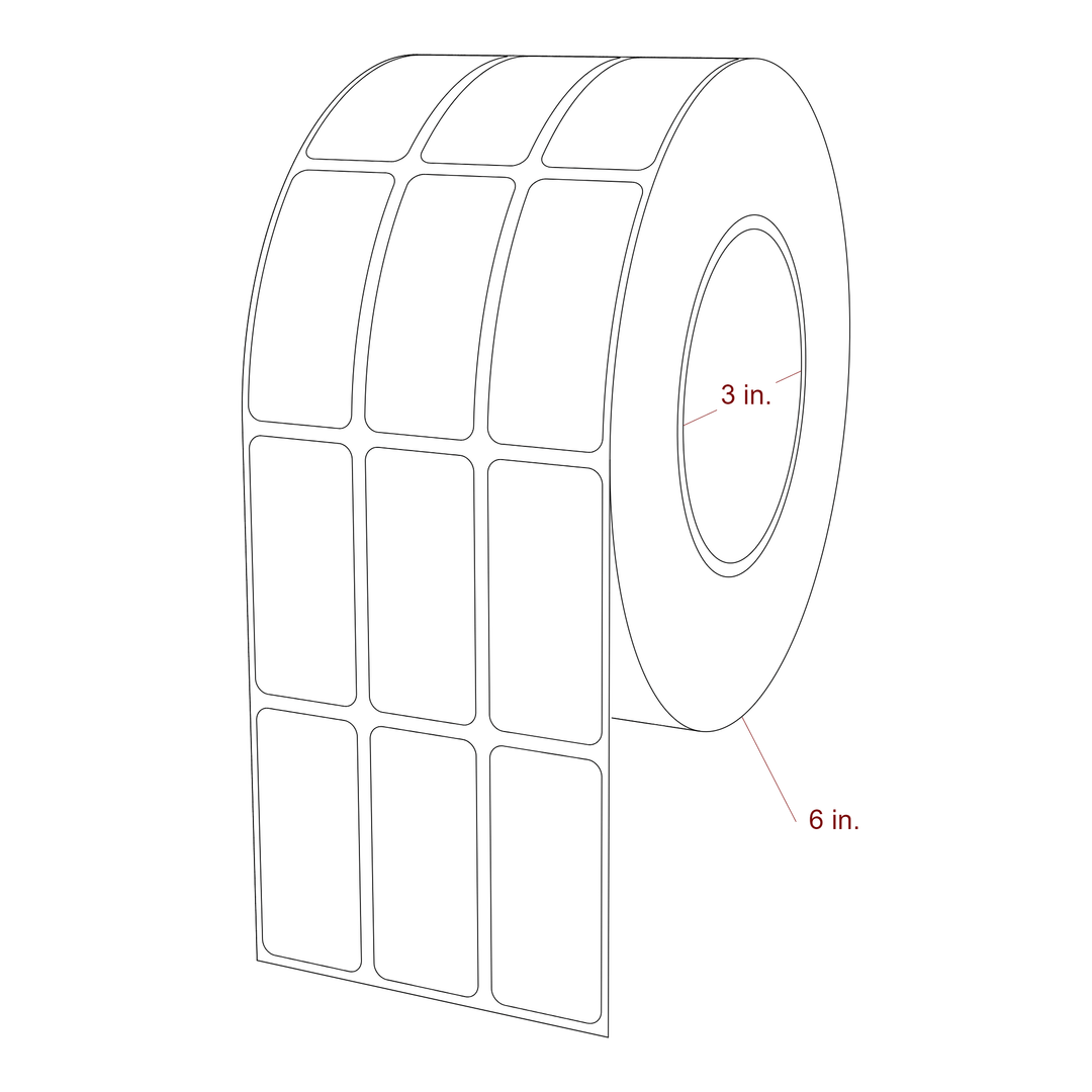 1 Inch x 2.25 Inch Rectangle Inkjet Label Roll - 3 Inch Core - 6 Inch Roll OD - 3Up - 3D Perspective