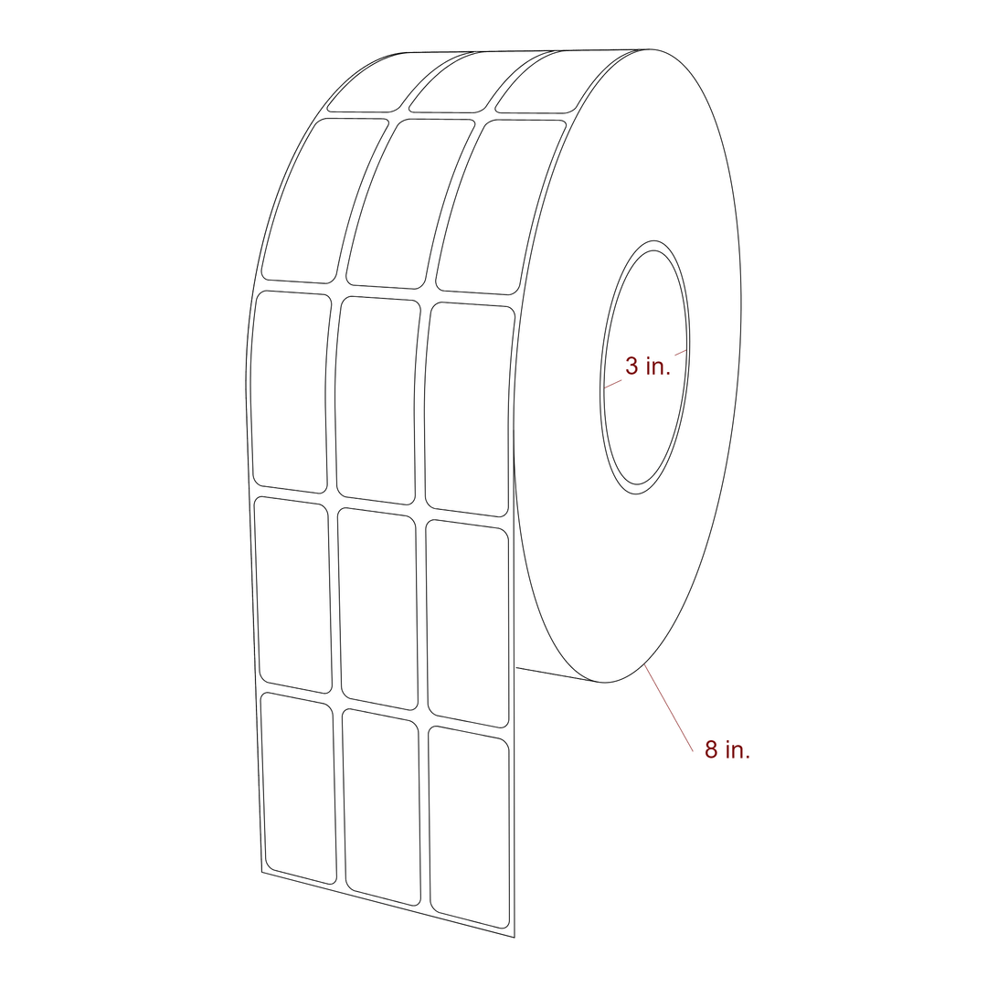 1 Inch x 2.25 Inch Rectangle Inkjet Label Roll - 3 Inch Core - 8 Inch Roll OD - 3Up - 3D Perspective