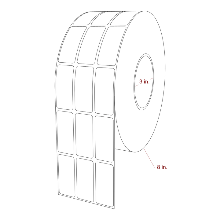1 Inch x 2.25 Inch Rectangle Inkjet Label Roll - 3 Inch Core - 8 Inch Roll OD - 3Up - 3D Perspective