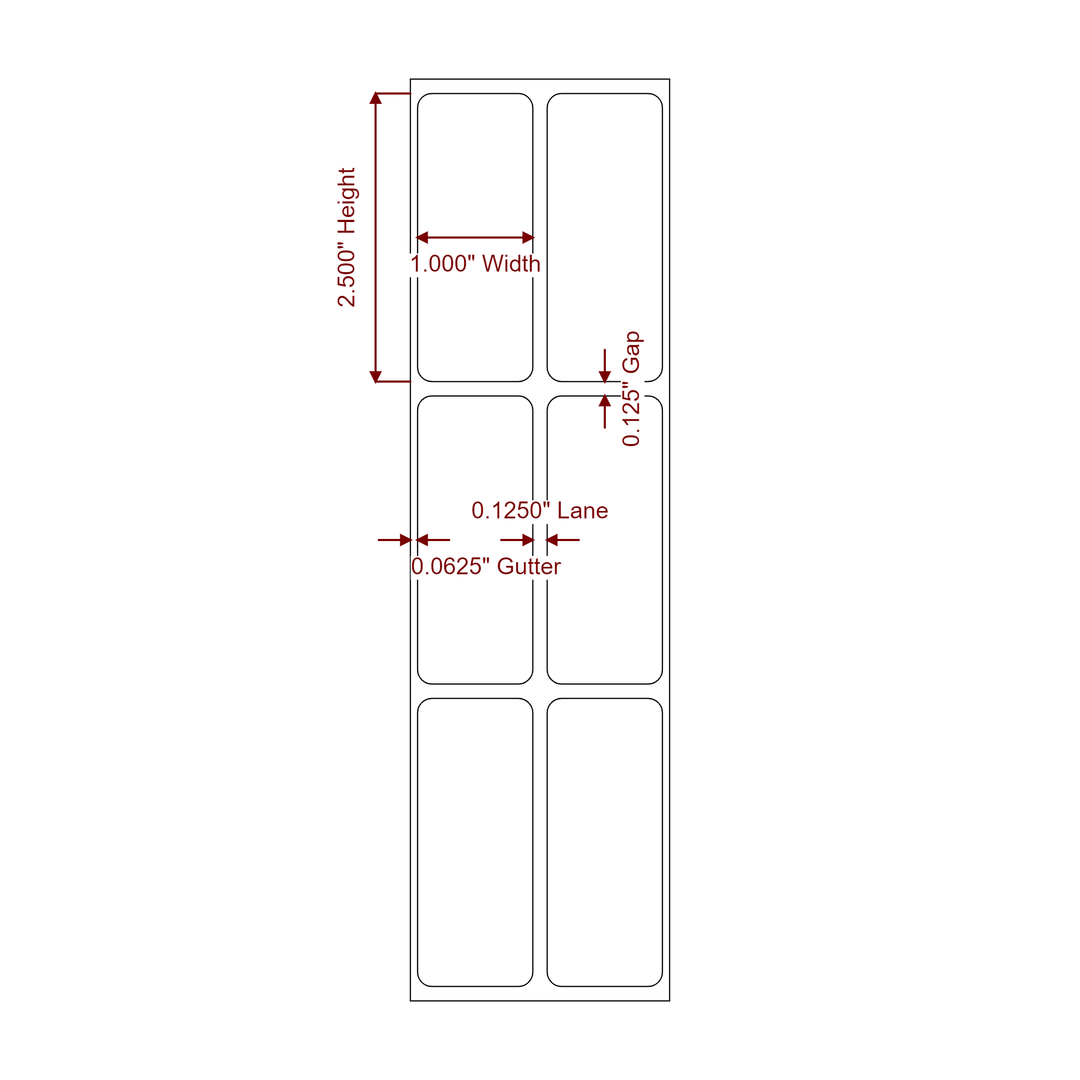 1 Inch x 2.5 Inch Rectangle Inkjet Label Roll - 2Up - 2D Drawing