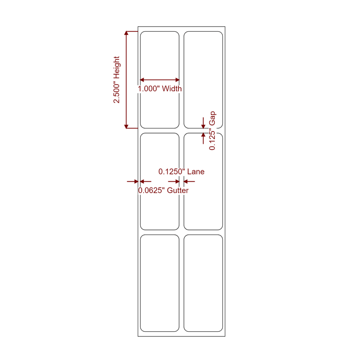 1 Inch x 2.5 Inch Rectangle Inkjet Label Roll - 2Up - 2D Drawing