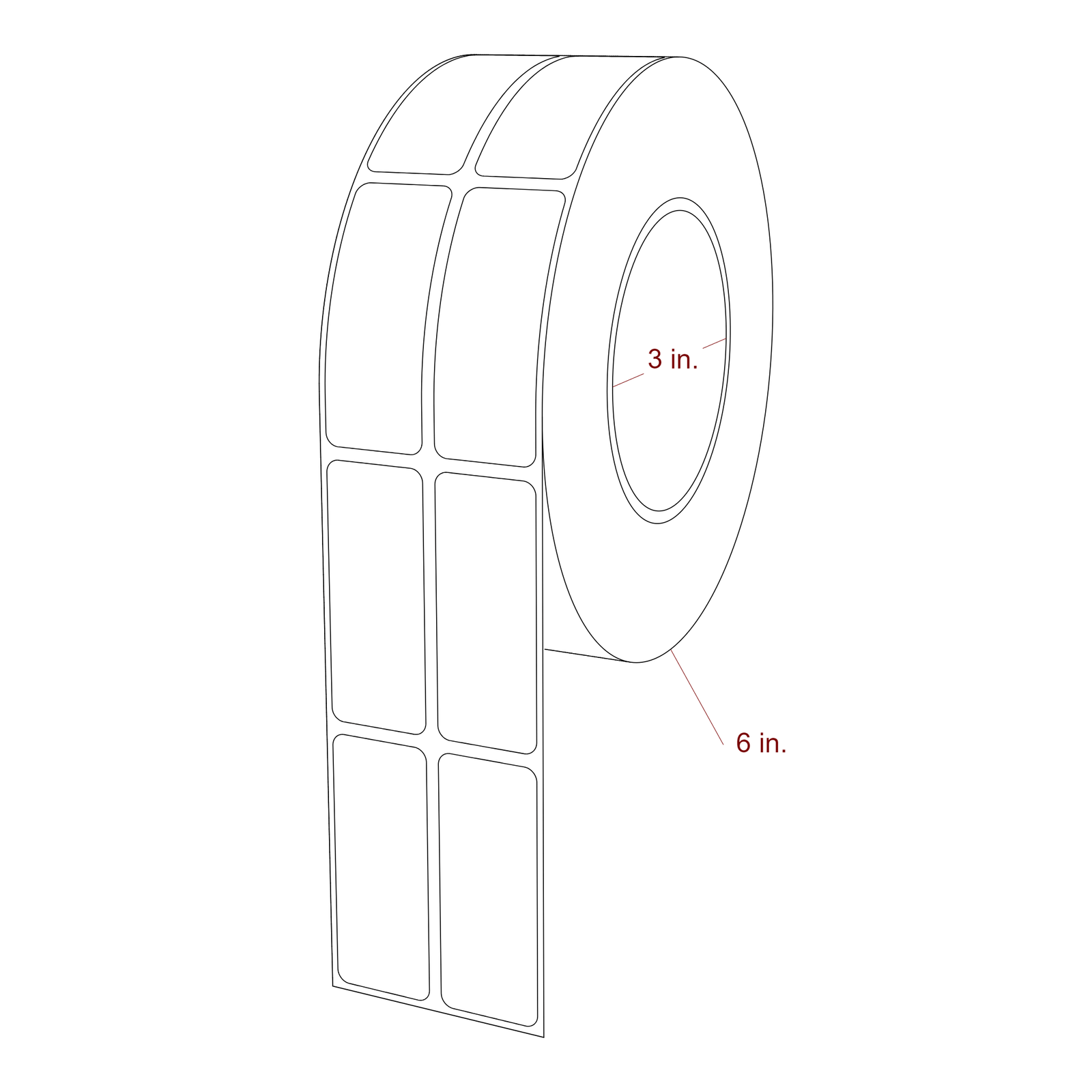 1 Inch x 2.5 Inch Rectangle Inkjet Label Roll - 3 Inch Core - 6 Inch Roll OD - 2Up - 3D Perspective