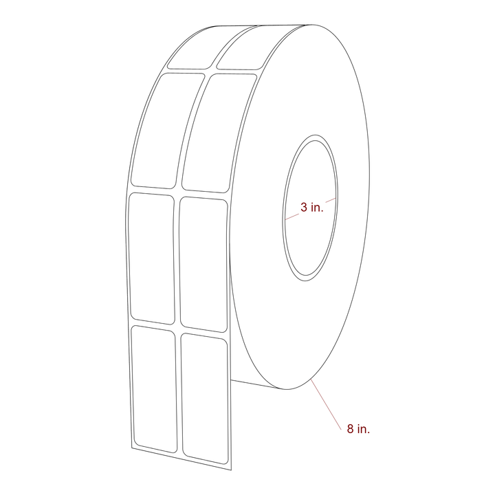 1 Inch x 2.5 Inch Rectangle Inkjet Label Roll - 3 Inch Core - 8 Inch Roll OD - 2Up - 3D Perspective