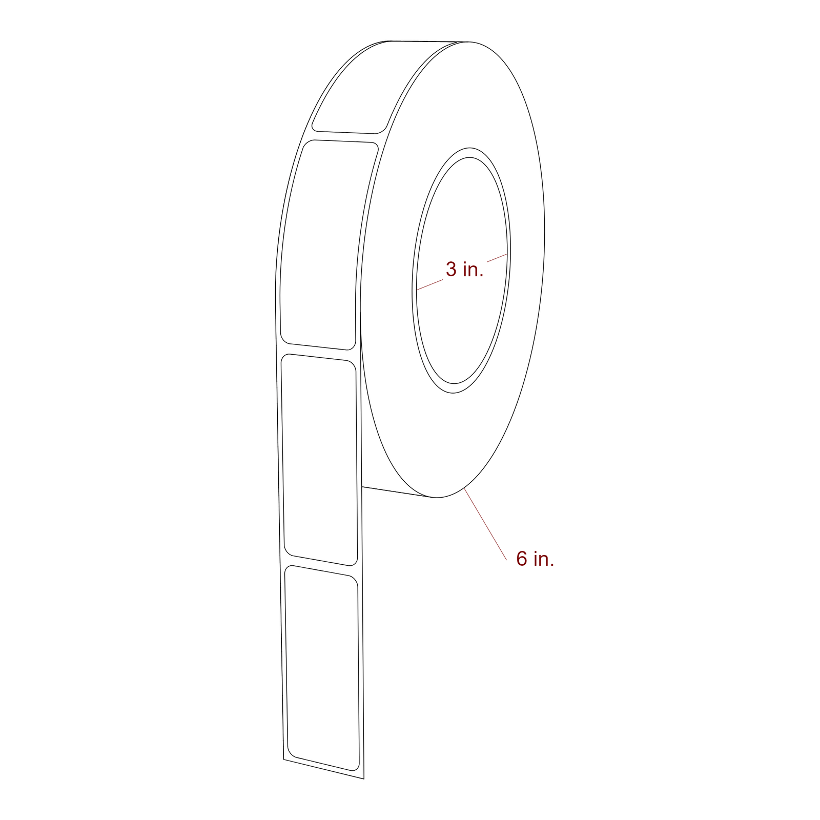 1 Inch x 2.5 Inch Rectangle Inkjet Label Roll - 3 Inch Core - 6 Inch Roll OD - 3D Perspective