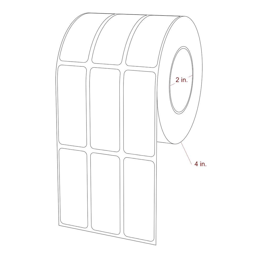 1 Inch x 2.5 Inch Rectangle Inkjet Label Roll - 2 Inch Core - 4 Inch Roll OD - 3Up - 3D Perspective