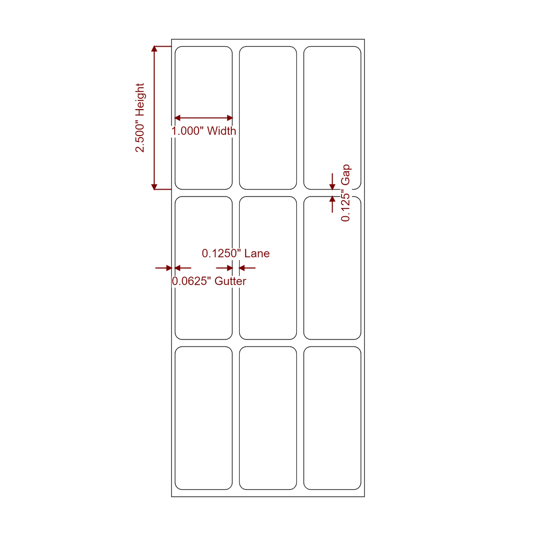 1 Inch x 2.5 Inch Rectangle Inkjet Label Roll - 3Up - 2D Drawing