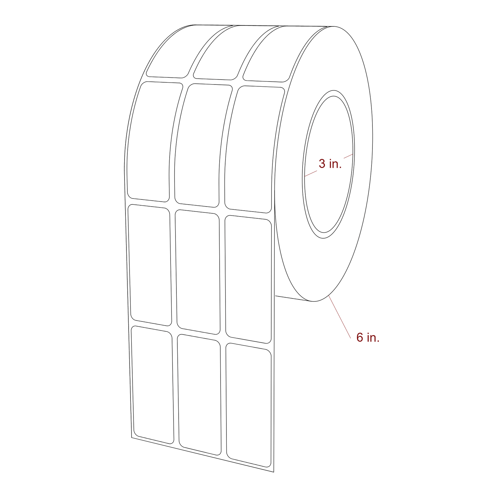 1 Inch x 2.5 Inch Rectangle Inkjet Label Roll - 3 Inch Core - 6 Inch Roll OD - 3Up - 3D Perspective