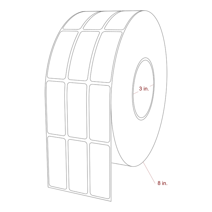 1 Inch x 2.5 Inch Rectangle Inkjet Label Roll - 3 Inch Core - 8 Inch Roll OD - 3Up - 3D Perspective