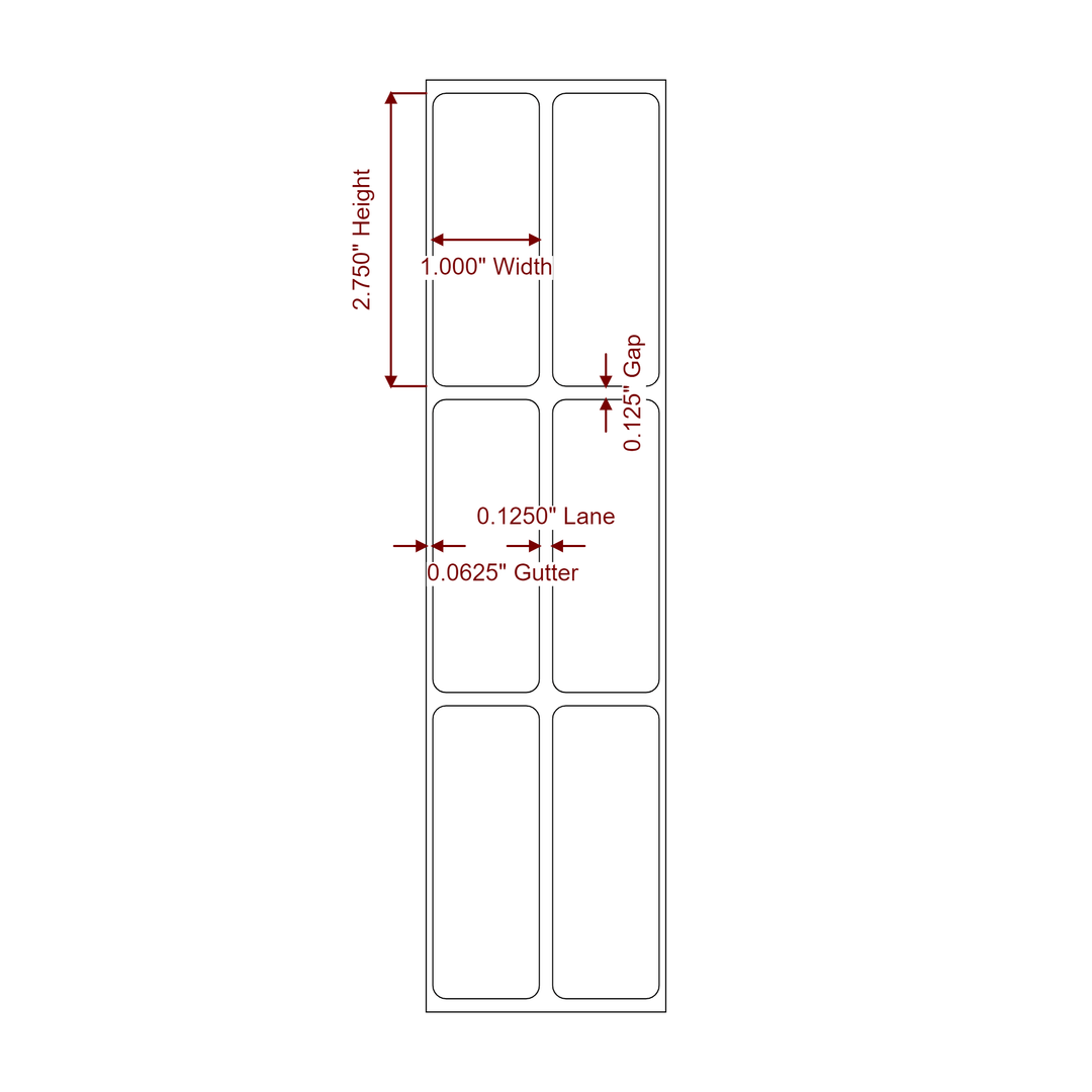 1 Inch x 2.75 Inch Rectangle Inkjet Label Roll - 2Up - 2D Drawing