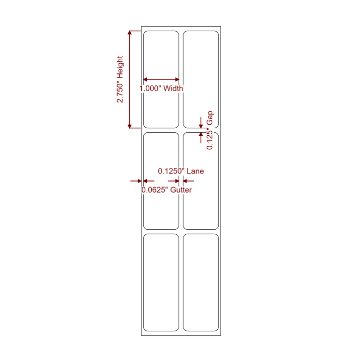 1 Inch x 2.75 Inch Rectangle Inkjet Label Roll - 2Up - 2D Drawing