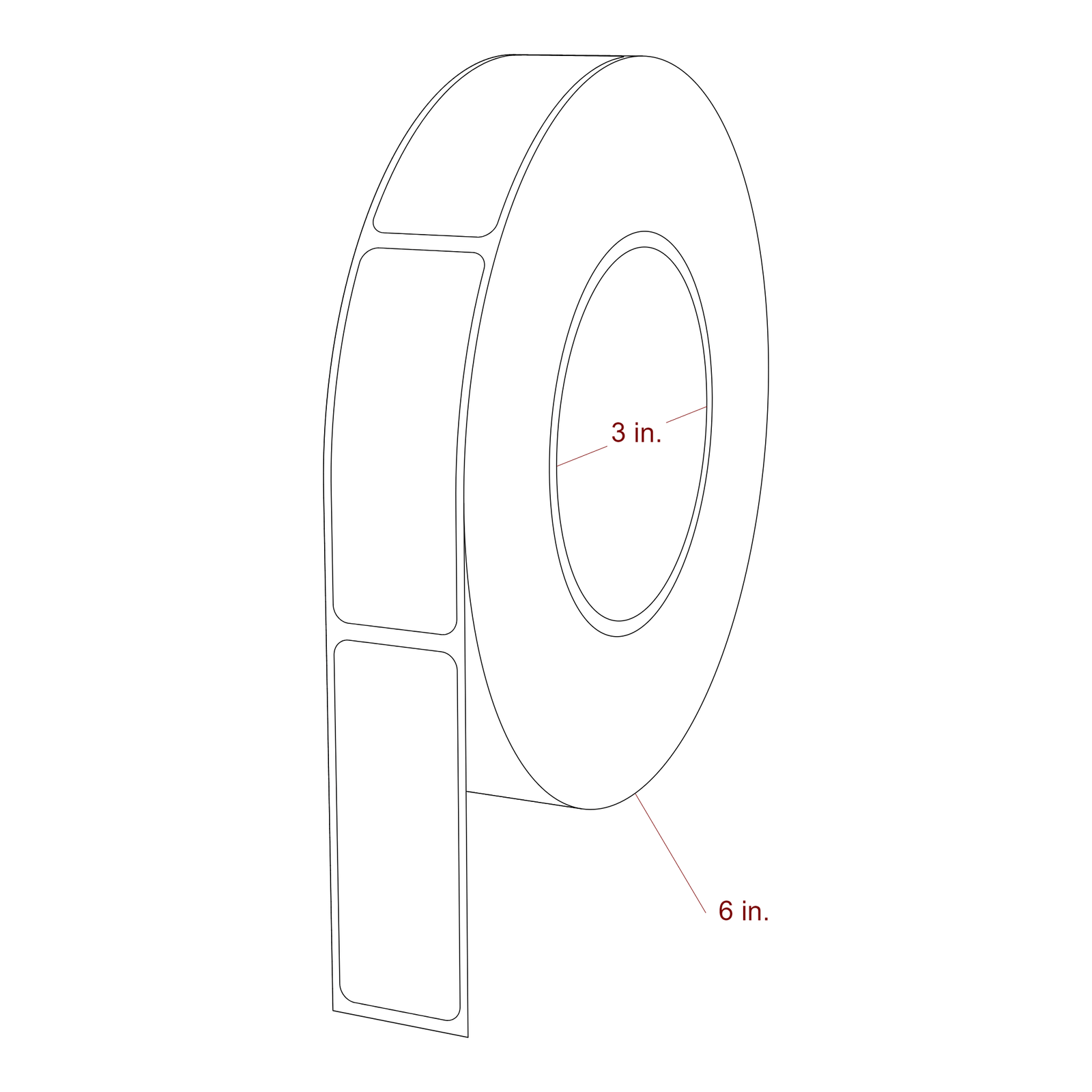 1 Inch x 2.75 Inch Rectangle Inkjet Label Roll - 3 Inch Core - 6 Inch Roll OD - 3D Perspective