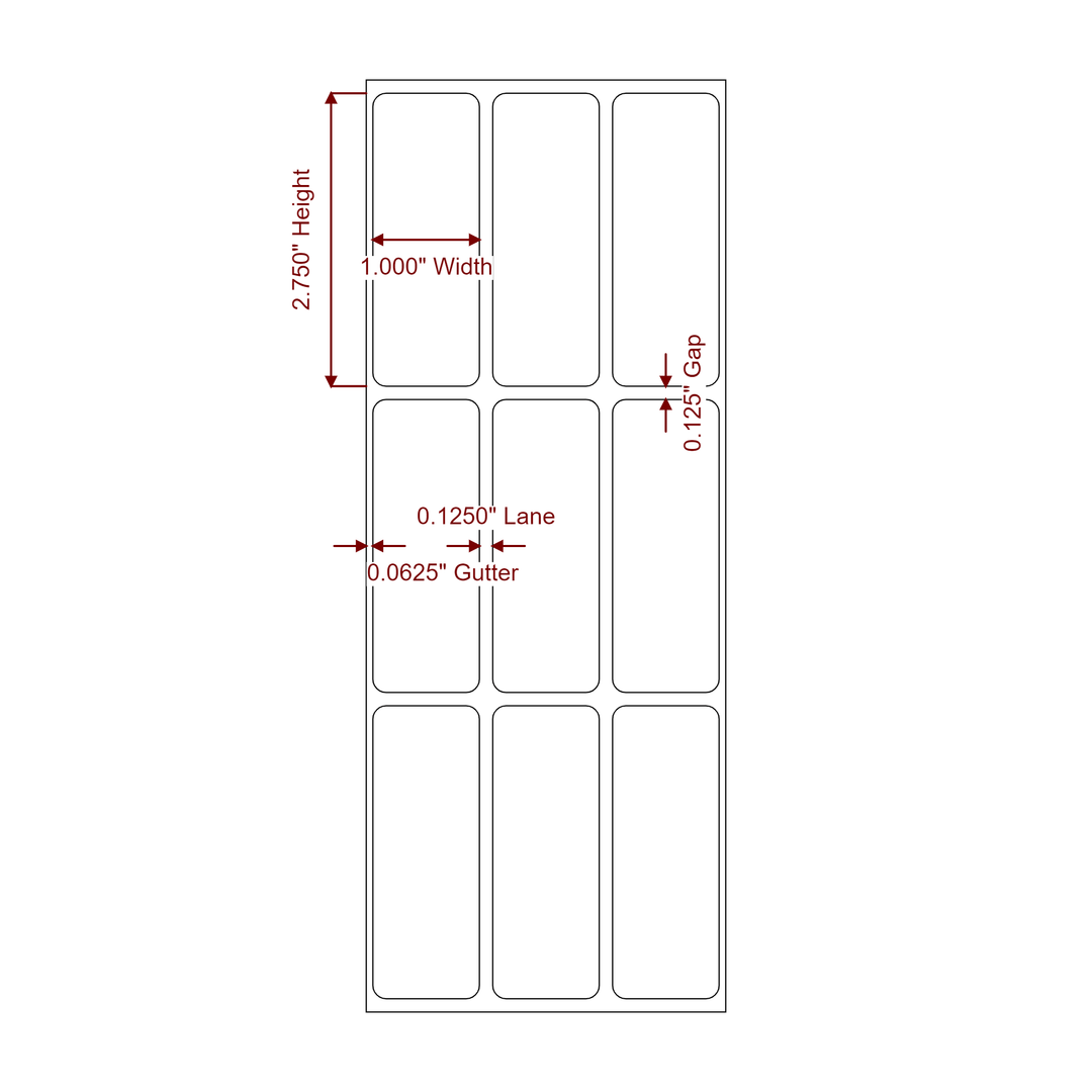 1 Inch x 2.75 Inch Rectangle Inkjet Label Roll - 3Up - 2D Drawing
